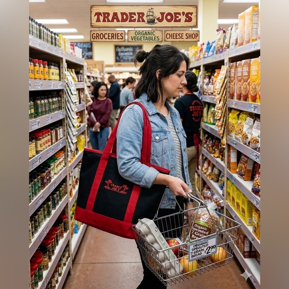 Trader Joe'S Handbags - Trader Joes Black & Red Insulated Canvas Tote Bag